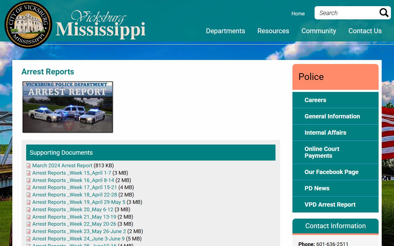 Warren County inmate records source showing Vicksburg Police arrest reports