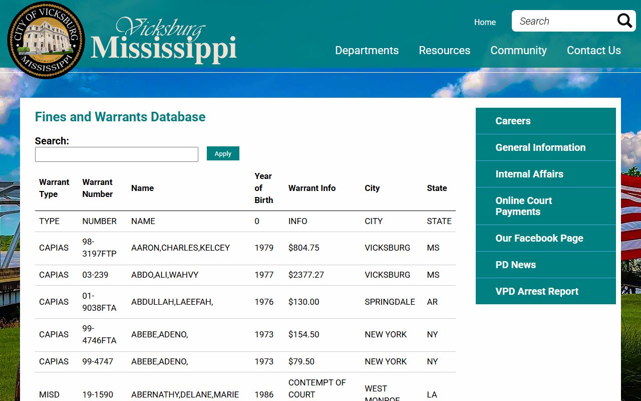 Vicksburg warrant search for Warren County arrest and custody context