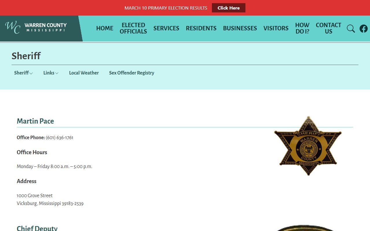 Warren County Jail sheriff page contact screenshot for inmate custody records